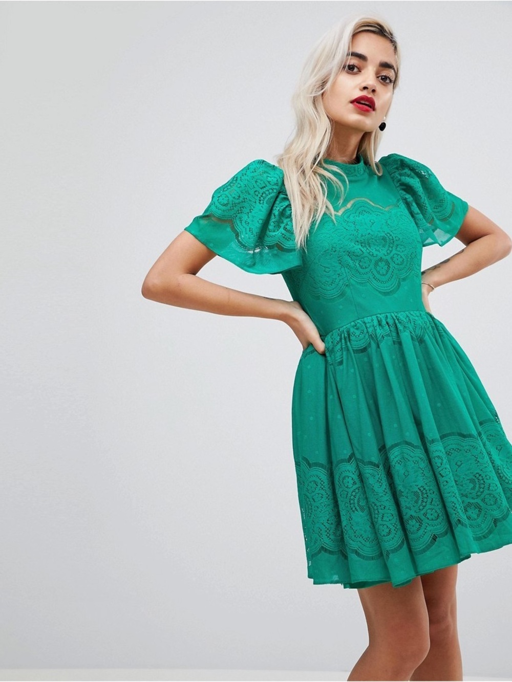ASOS Emerald Green Lace Short Sleeve Mini Dress